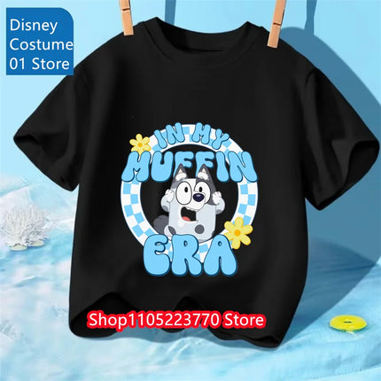 Autumn Winter Kids Bluey Short Sleeve T-Shirt Cartoon Printed Soft Tee Comfortable Daily Wear for Boys Girls