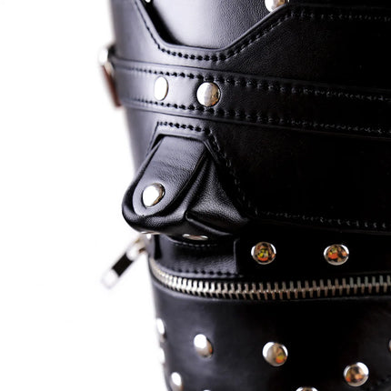 PU Leather Total Sensory Deprivation Full Head Bondage Hood Headgear Mouth Open Lockable Gimp Bondage BDSM Sex Toy for Couple