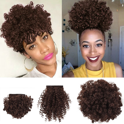 Synthetic Afro Puff Drawstring Ponytail with Short Kinky Curly Bun with 2 Replaceable Bangs Pineapple Updo Hair for Black Women