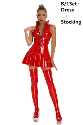 Women Sexy Glossy PVC Leather Slip Dress Lady Erotic Shaping Pleated Short Dress Zipper Porn Breast Exposing Latex Mini Dress