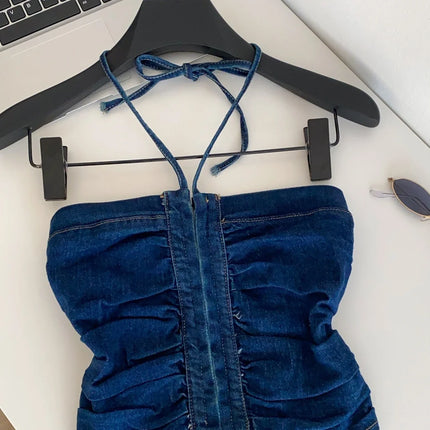 SINGREINY Beach Denim Tank Top 2026 Halter Ruched Slim Solid Camisole Streetwear Hot Girl Basics Y2K Backless Sexy Crop Top