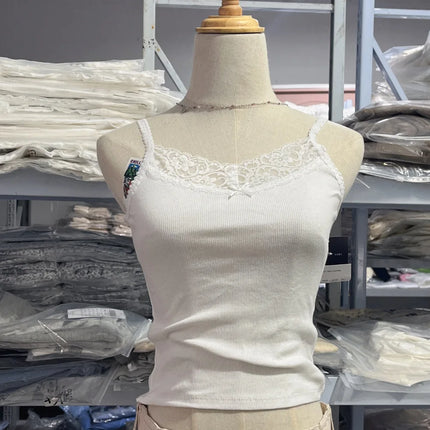 Sweet Solid Lace Trim Y2k Crop Top Casual White Ribbed Cotton Sleeveless Summer Camis Women Vintage Cute Slim Tank Tops 2023