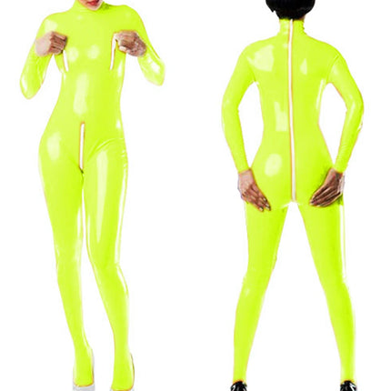Sexy Faux Leather Jumpsuits for Women High Collar Zipper Open Crotch Open Chest Wet Look Bodysuits Nightclub Clothing Custom