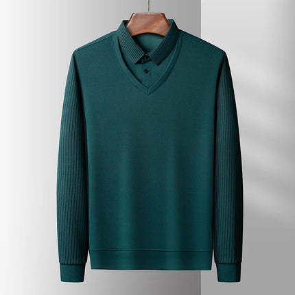 Men's Casual Fashion Long Sleeve Solid Color Polo Shirt 2025 Business Versatile Top All Season Fake Two-Piece