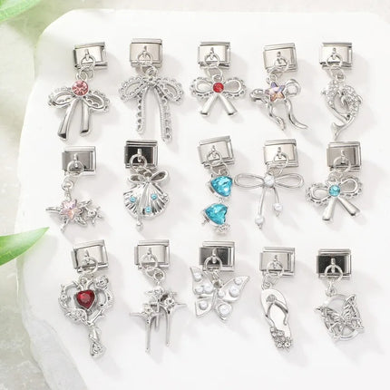 Wholesale Colorful Shiny Zircon Heart Bows Pendant Italian Charm Links Fit 9mm Stainless Steel Bracelet Women Jewelry DIY Making