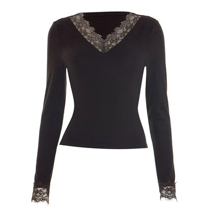 Sexy Lace Trim Long Sleeve T-shirt Solid V Neck Slim Fit Crop Top Fashion Splice Hottie Club Party Top Autumn New Lady Pullover