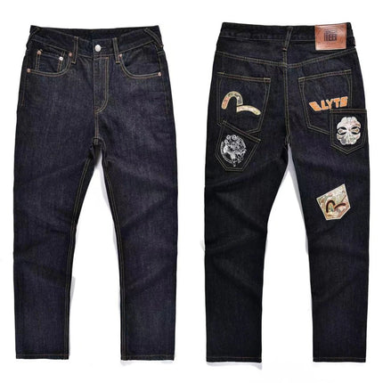Japanese Handmade Embroidered Jeans Men's Pure Cotton Straight Tube Hip-Hop Popular Slim Red Ears Show Thin Trousers Devil Big M