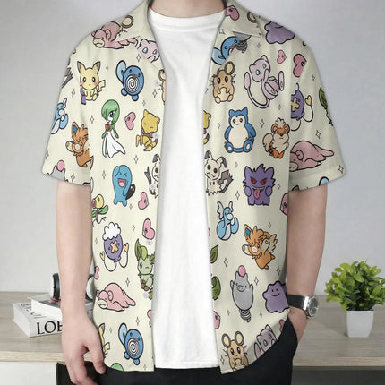 Pastel Yellow Kawaii Pokemon Character Hawaiian Shirt Summer Leisure Dry Quickly Men's T-Shirt Children's Clothing Tee Y2K Woman