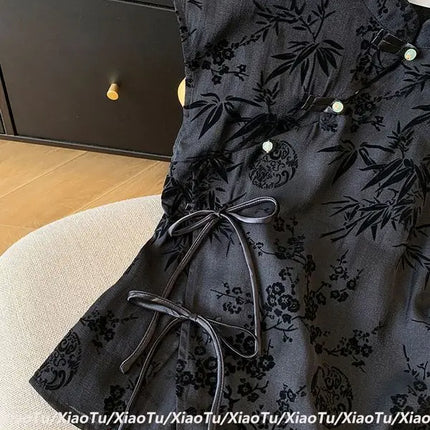 Retro Thin Shirt New Chinese Style Slanting Lapel Cheongsam Top 2025 Summer Black Jacquard Short Sleeve T-shirt Women's Clothing