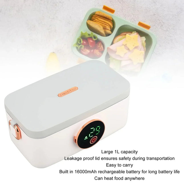 1L Capacity USB Rechargeable Portable Wireless Lunch Warmer Box, Cordless Electric for Office Travel Car, LED Display, Type-C