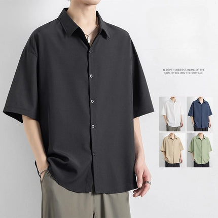 Men's Summer Korean Half Sleeve Shirt Men's Collar Solid Color Shirt Loose Short Sleeve
