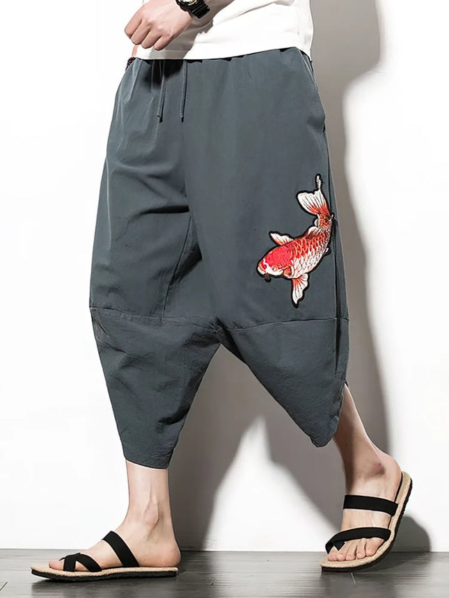Chinese Embroidery Summer Cotton Linen Shorts Men Baggy Wide leg Casual Capris Pants Male Sport Running Shorts 2025