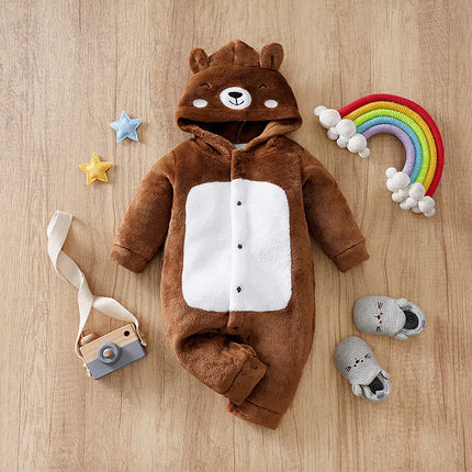 0-36M Plush bear print hoodie baby romper