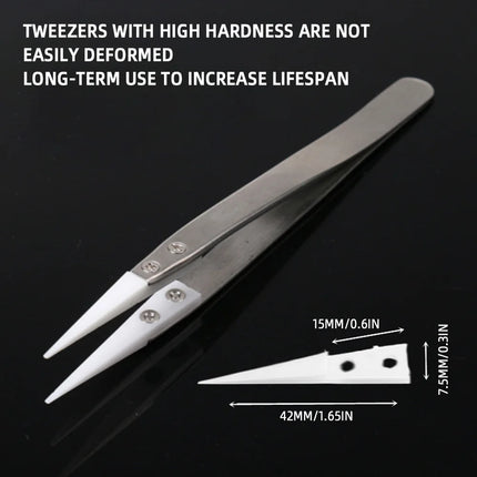 Anti-Static Ceramic Tweezers Stainless Steel Industrial Ceramic Tweezers Insulated Straight Tip Black-Whit Tweezers