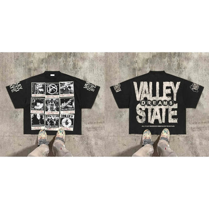 American Hip Hop Retro Theater Valley Division Harajuku Gothic War Print Summer New Retro Fashion Men and Women Streetwear