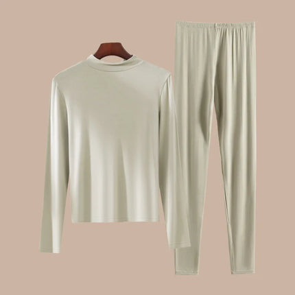 Women's Autumn Winter Thin Warm Set Long-Sleeved T-Shirt + Long Pants Plus Size Semi-Turtleneck Fitted Warm Underwear Sets