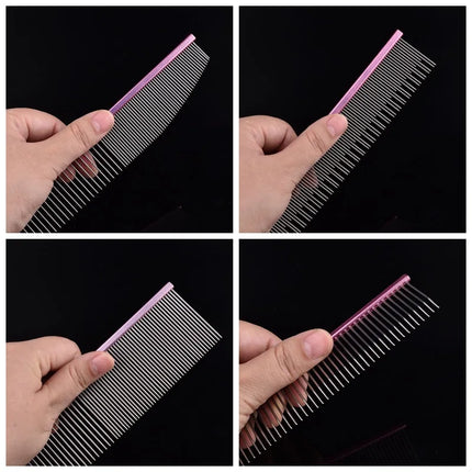 Pet Pink Comb Cat Dog Professional Stainless Steel Grooming Comb Dense Sparse Teeth Dog Cat Cleaning Brush Hair Reemoval Comb