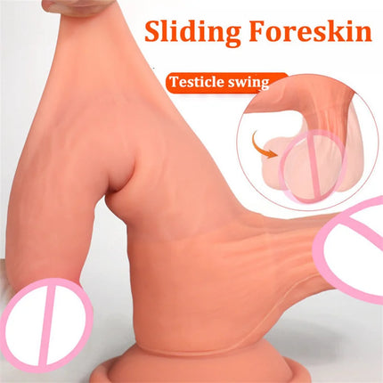 Huge Testicular Swing Realistic Dildo Lesbian Sex Toys For Women Sliding Skin Fake Big Dick Foreskin Penis Females Masturbation