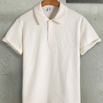 Men's Herringbone Jacquard Texture Polo Shirt with a Turn-Down Collar, Short Sleeves, Button Placket, and Knitted Top. Suitable for a Mature and Professional Look, Summer Casual Wear for Men