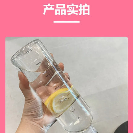 300-1000ml Glass Water Bottle Large Capacity with Time Marker Cover for Water Drink Outdoor PortableTransparent Milk Juice Cup