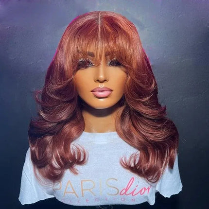 Ombre Brown With Bangs Colored 13x4 Synthetic Lace Frontal Wig Glueless Pre-Plucked Body Wave Wig For Women Daily Wear Cosplay