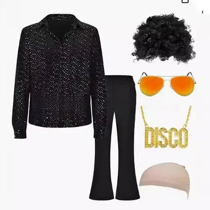 Men's Flared Pants Disco Shiny Shirt 70s Style Hip Hop Checkered Patterned Clothing Set Fashionable Retro Trend 2025