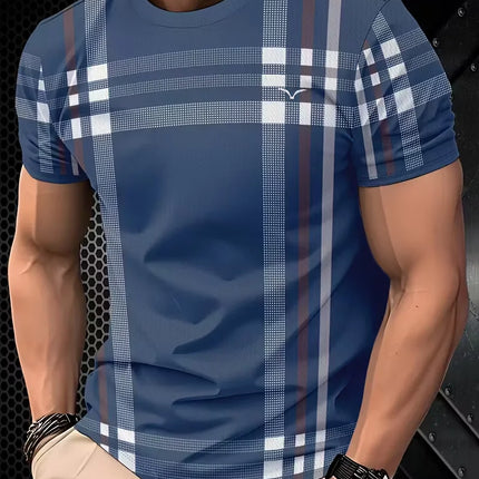 Men’s Summer Plaid Striped T-Shirt – Beige & Gray Color Block, Slim Fit Casual Crew Neck Tee for Daily Wear