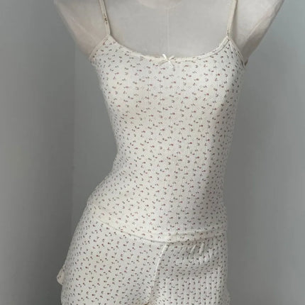 Sweet Floral Print Eyelet Bow Cropped Vests Women Cotton Casual Slim Lace Trim Tank Tops Vintage Preppy Style Cute Camisole Y2K