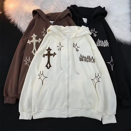 American Style Hoodie Sweatshirt Unisex Casual Cross Design Spring Autumn Streetwear Hip Hop Open Cardigan Street Fashion Out...