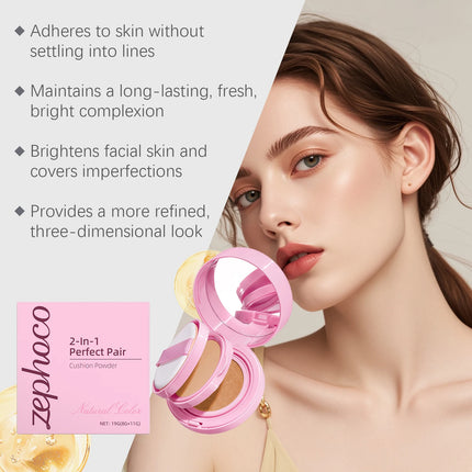 2 in 1 Air Cushion Powder Concealer Foundation Light Natural Long Lasting Oil-Control Waterproof Makeup Foundation Base Cosmetic