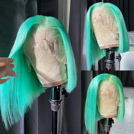14inch Mint Green Short Bob Straight Hair Wig 13x4 HD Lace Frontal Synthetic  Preplucked  for Women drag queen
