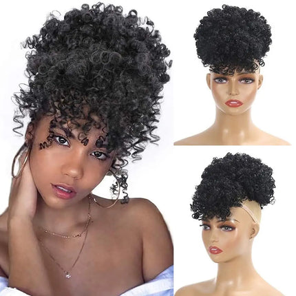 Afro Puff Drawstring Ponytail with Bangs Pineapple Updo Hair for Black Women, Short Kinky Curly Synthetic Ponytail Bun