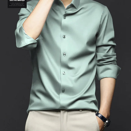 6XL Men Shirt Long Sleeve Slim Fit Luxury Smooth Soft Anti-wrinkle Non-ironing Solid Color Ice Silk Shirts Men Long Sleeve