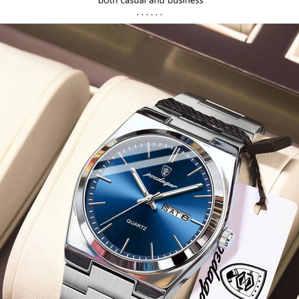 POEDAGAR Fashion Casual Men's Wristwatch Waterproof Luminous Date Week Men's Watches Stainless Steel Quartz Business Men Watch+Box