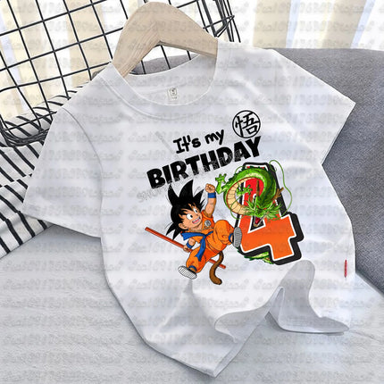 Dragon Ball Goku T-shirt Cotton for Children Birthday Figure Tee Top Boy Girl Clothes Anime Short Sleeve Kids White Loose Gift