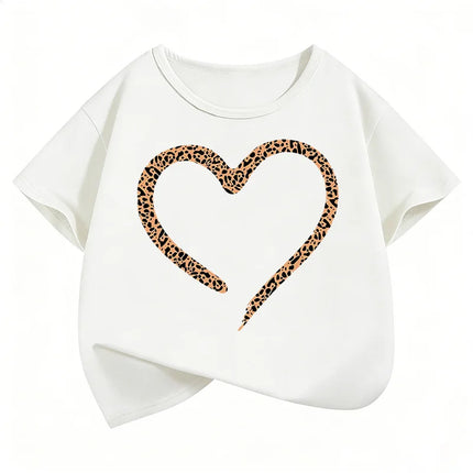 Love Heart Leopard Print Fashion T Shirts Y2k Kids Children's T-shirt Boys Girls Summer Spring Casual Top Tee Shirt