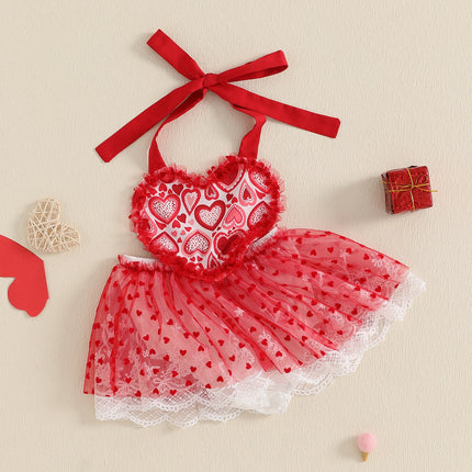 Newborn Girl Valentines Day Outfit Baby Sleeveless Halter Romper Lace Mesh Tutu Dress My First Valentines Baby Girl Outfit