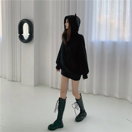 Women Fleece Thicken Cartoon Cat Ear Hoodie Sport Stylish Female Autumn Winter Pullover Tops Loose Mid-length Warmth Sweatshirt