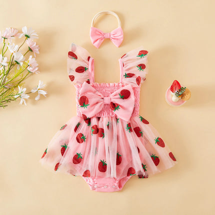Baby Girls 2 Piece Outfits Comfortable Sleeveless Square Neck Strawberry Print Romper Dress and Bow Headband Set