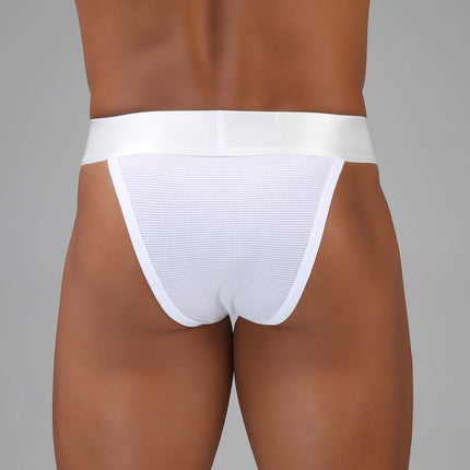Hollow Penis Pouch Briefs Men Underwear Sexy Underpants Man Panties Mesh Lingerie High-cut Wide Waistband Metal Buckle Decor