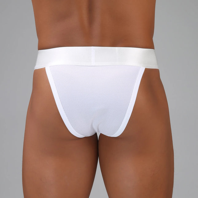 Hollow Penis Pouch Briefs Men Underwear Sexy Underpants Man Panties Mesh Lingerie High-cut Wide Waistband Metal Buckle Decor