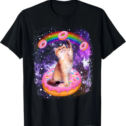 Space Cat Riding Donut Rainbow Galaxy Kitty Graphic T-Shirt Soft Round Neck Tee Women Clothing Fashion Summer Streetwear Y2K Top