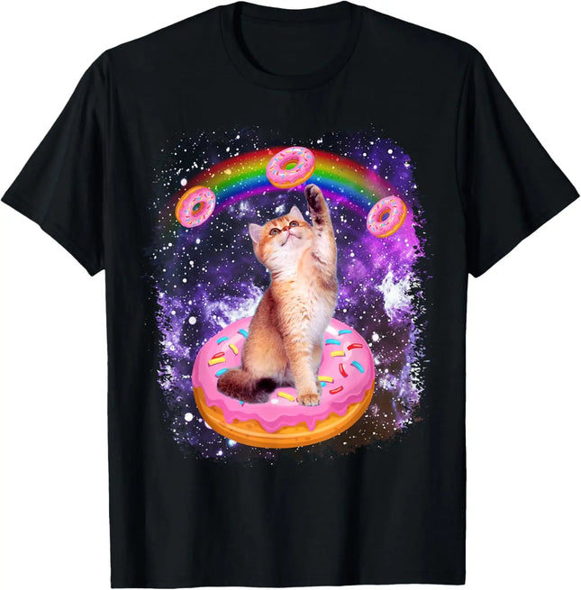 Space Cat Riding Donut Rainbow Galaxy Kitty Graphic T-Shirt Soft Round Neck Tee Women Clothing Fashion Summer Streetwear Y2K Top