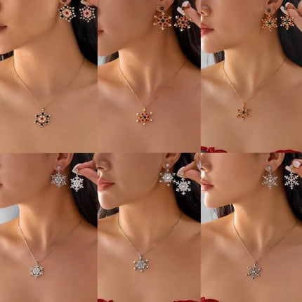 Luxury Zinc Alloy Christmas Jewelry Set Colorful Rhinestone Xmas Dangle Earrings Pendant Snowflake Necklace Women