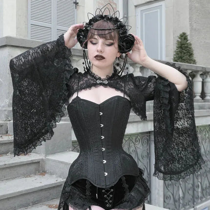 Lace Mall Gothic See Through Shrug Tops Grunge Aesthetic Black Flare Sleeve Crop Top Women Vintage Punk Sexy Clothing