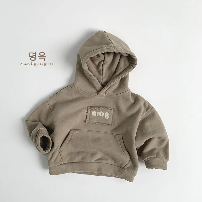 2025 Winter New Children Hooded Fleece Sweatshirt Cotton Boys Girls Versatile Tops Plus Velvet Thick Kids Casual Letter Hoodie