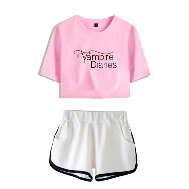 Fashion Youthful The Vampire Diaries Short Sleeve Women Sexy Shorts+lovely T-shirts Dew navel Pretty Girl suits Two Piece Set