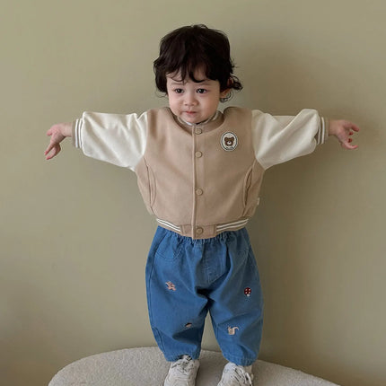 2026 Fall New Toddler Kids Pants Cotton Cartoon Embroidered Harem Pants Baby Boy Casual Striped Denim Baggy Trousers