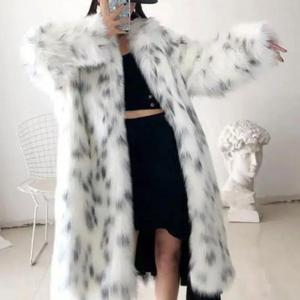 Women's Faux Fur Coat Long Autumn-Winter Fashion Casual Comfortable Warm White Leopard Print Long Sleeve Lapel Fox Fur Coat