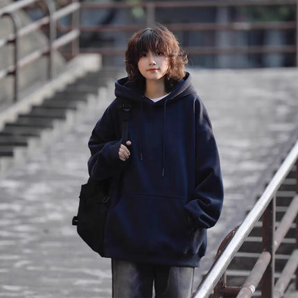 Retro Japanese Style Heavyweight Solid Color Hoodie Unisex Autumn Winter Casual Loose Warm Couple Inner Wear Top Coat